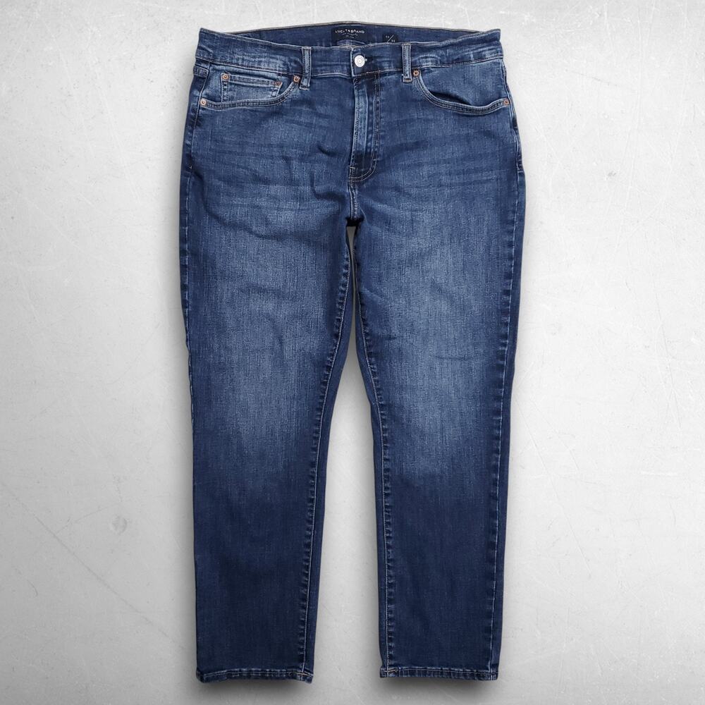 Lucky Brand 410 Athletic Straight Jeans Whiskers Faded Stretch Men 36/30 Blue
